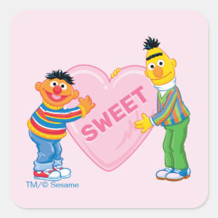 Pegatina Cuadrada Ernie y Bert corazón grande del día de San Valentí