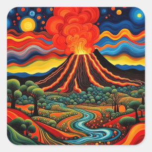 Pegatina Cuadrada Erupción del volcán en la noche 6