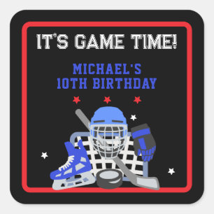 PEGATINA CUADRADA ES EL CUMPLEAÑOS DE HOCKEY EN TIEMPO DE JUEGO