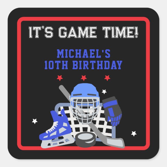 PEGATINA CUADRADA ES EL CUMPLEAÑOS DE HOCKEY EN TIEMPO DE JUEGO (Anverso)