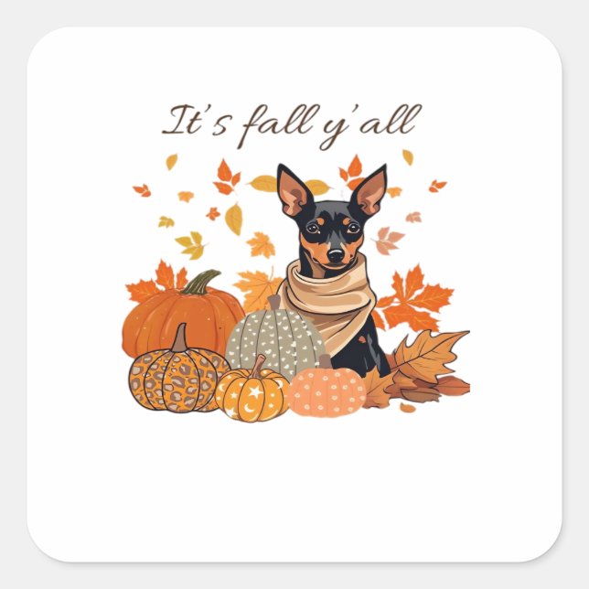 Pegatina Cuadrada Es el otoño - Miniatura Pinscher con calabazas (Anverso)