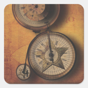 Pegatina Cuadrada Es hora de pasar el reloj Steampunk en la biciclet