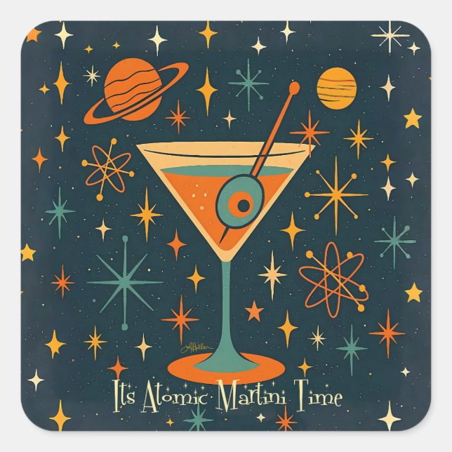 Pegatina Cuadrada Es hora del Martini Atómico Estrellas Cósmicas (Anverso)