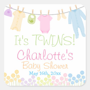 Pegatina Cuadrada ¡Es TWINS! Fiesta Baby Shower Little Clothes