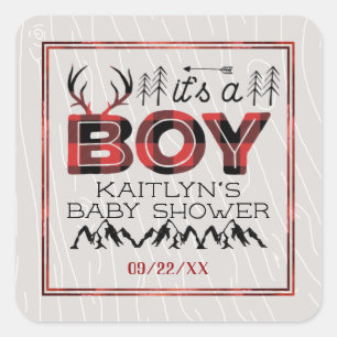 Pegatina Cuadrada ¡Es un chico! Rustic Plaid Lumberjack Baby Shower