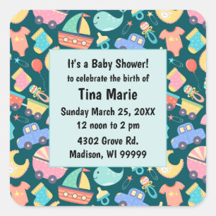 Pegatina Cuadrada Es un colorido Baby Shower Oscuro Guardar la fecha