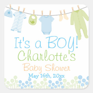 Pegatina Cuadrada ¡Es UN MUCHACHO! Lil viste Baby Shower azul y