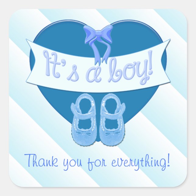 Pegatina Cuadrada Es un niño Blue Heart Bow Shoes Baby Boy Shower (Anverso)
