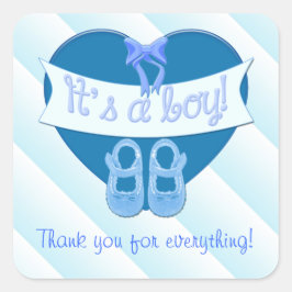 Pegatina Cuadrada Es un niño Blue Heart Bow Shoes Baby Boy Shower