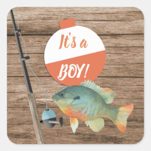 Pegatina Cuadrada Es un niño pescando Baby Shower