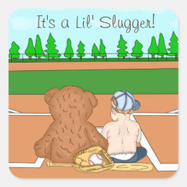 Pegatina Cuadrada Es una ducha de bebé de niño con Lil' Slugger