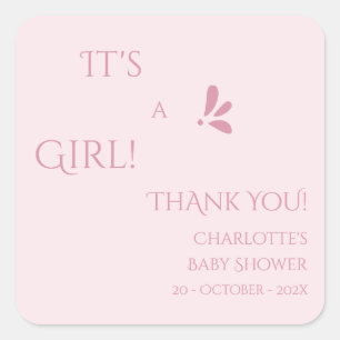 Pegatina Cuadrada ¡Es una niña! Minimalismo Rosa Pastel Shower de Be