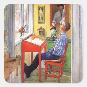 Pegatina Cuadrada Esbjorn haciendo sus deberes de Carl Larsson