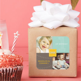 Pegatina Cuadrada Esbozo cuadrado amarillo una foto de primer cumple