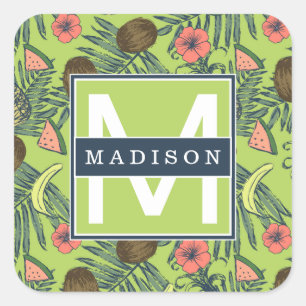 Pegatina Cuadrada Esbozo de frutas tropicales sobre el patrón verde