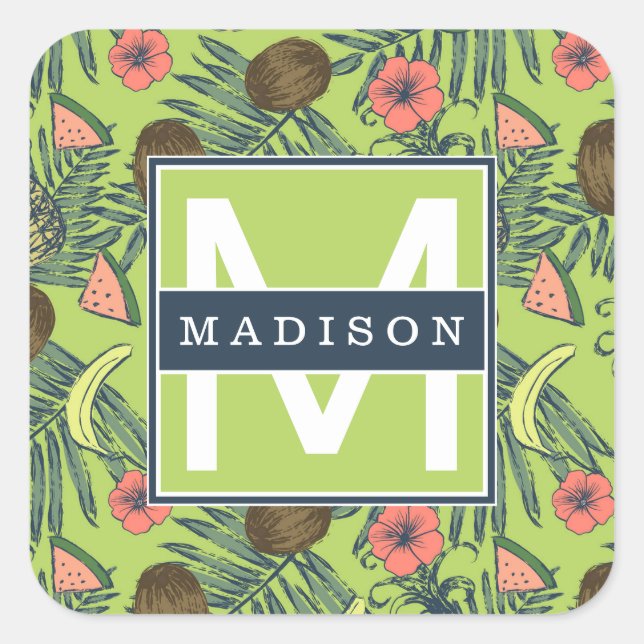 Pegatina Cuadrada Esbozo de frutas tropicales sobre el patrón verde (Anverso)