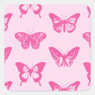 Pegatina Cuadrada Esbozo de mariposa, rosa claro y fucsia