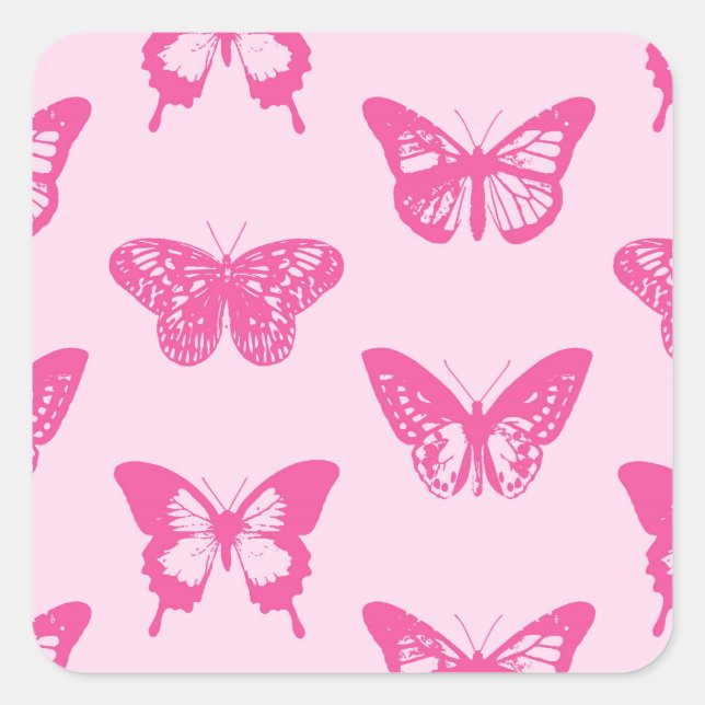 Pegatina Cuadrada Esbozo de mariposa, rosa claro y fucsia (Anverso)