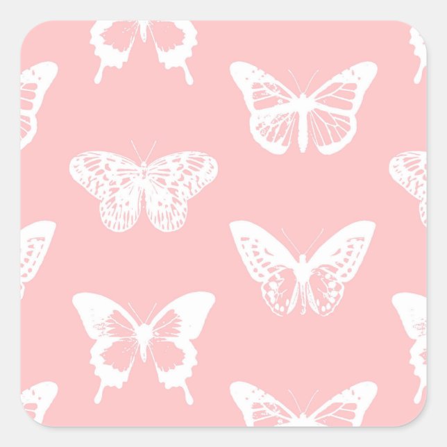 Pegatina Cuadrada Esbozo de mariposa, rosa concha y blanco (Anverso)
