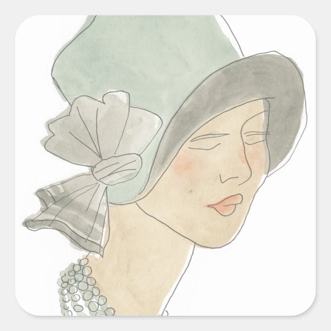 Pegatina Cuadrada Esbozo de moda flapper - Mujer con Gorra (Anverso)
