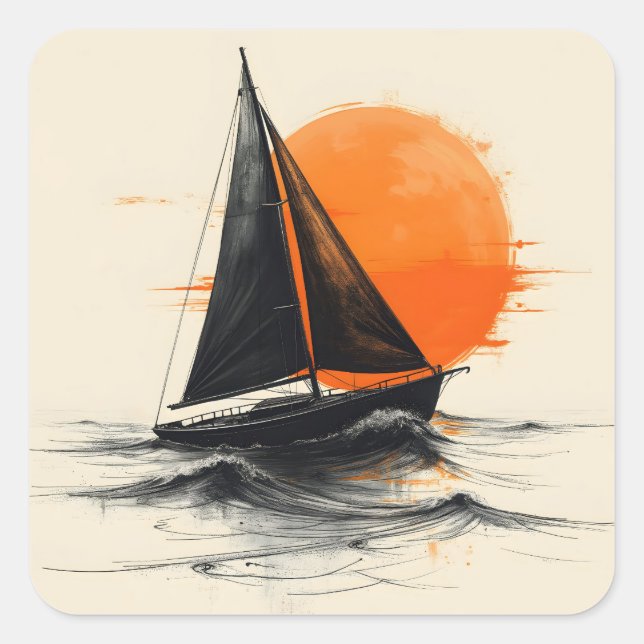 Pegatina Cuadrada Esbozo De Silhouette Sailboat Con Sol Naranja (Anverso)
