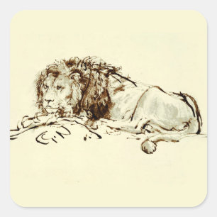Pegatina Cuadrada Esbozo de tinta de Rembrandt vintage de un león