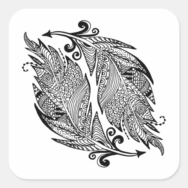 Pegatina Cuadrada Esbozo Inspirado De Las Plumas (Anverso)