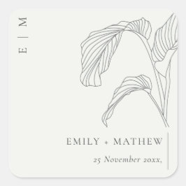 Pegatina Cuadrada Esbozo mínimo de la palma de leafy Boda blanco neg