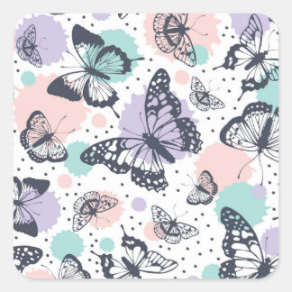 Pegatina Cuadrada Esbozos de mariposa de color pastel