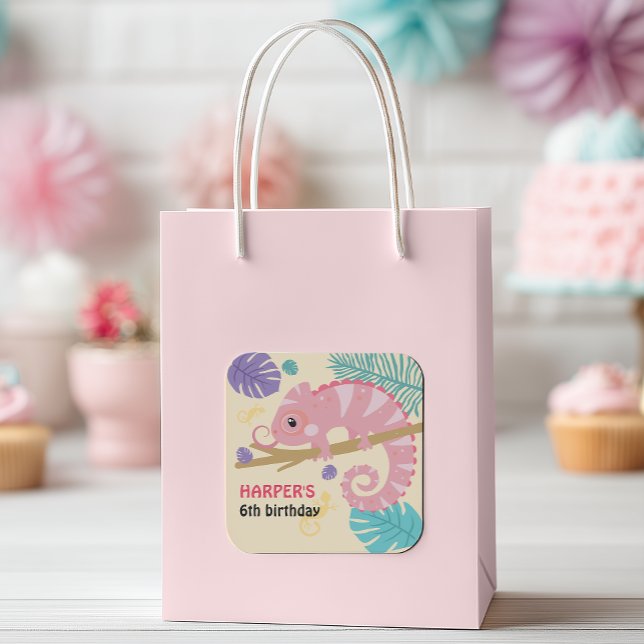 Pegatina Cuadrada Escalas y colas Cumpleaños del Reptil Chica (You'll be “swamped” for guests with our scales and tails girl's reptile birthday party supplies! )