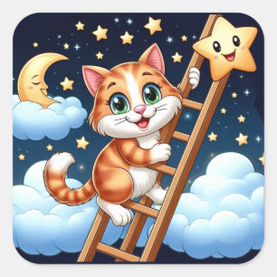 Pegatina Cuadrada Escalera de gatitos a la luna