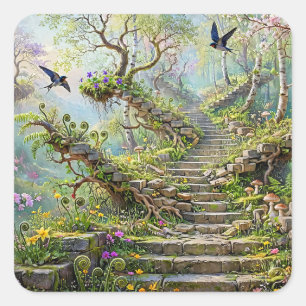Pegatina Cuadrada Escalera Surrealista de Primavera que se Traga Flo
