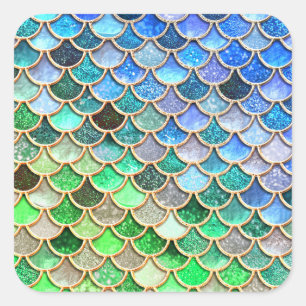 Pegatina Cuadrada Escales de sirena de Purpurina verde azul brillant