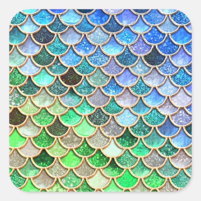 Pegatina Cuadrada Escales de sirena de Purpurina verde azul brillant (Anverso)