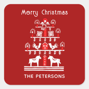 Pegatina Cuadrada Escándalo festivo lindo árbol de Navidad blanco ro