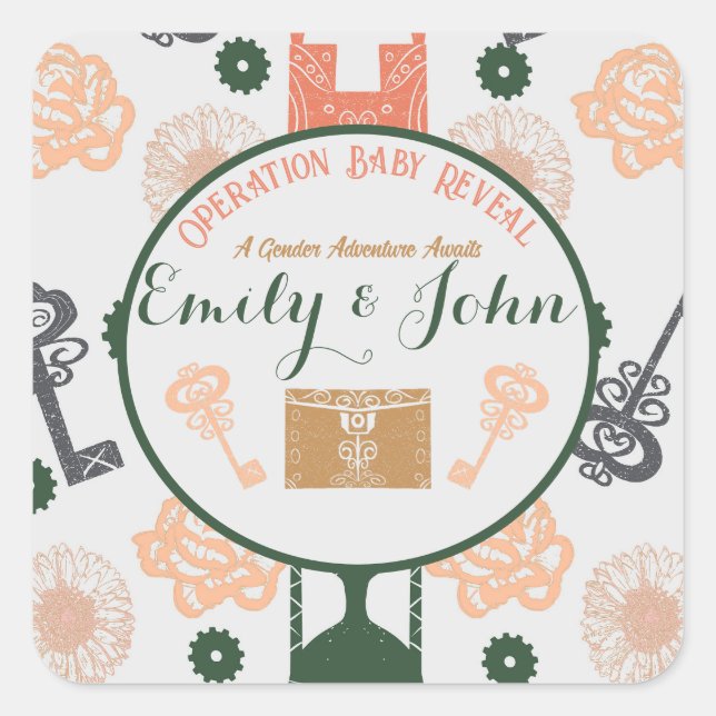 Pegatina Cuadrada Escape Room Gender Revelar Baby Shower (Anverso)