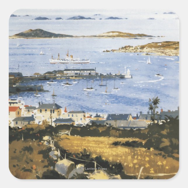 Pegatina Cuadrada Escena aérea del Poster de la ciudad y del ferroca (Anverso)