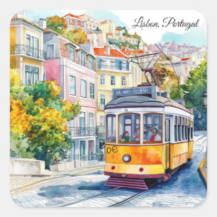 Pegatina Cuadrada Escena Colorida de Tranvía Antiguo en Lisboa Portu