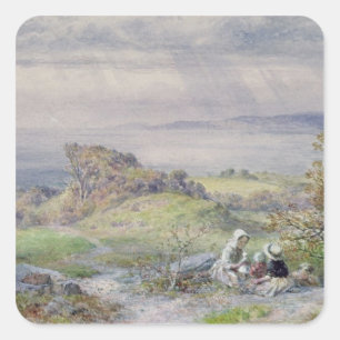 Pegatina Cuadrada Escena costera con niños en primer plano