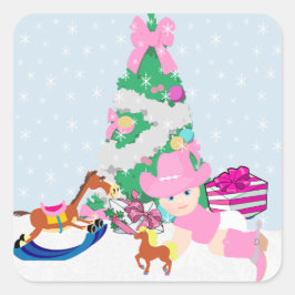 Pegatina Cuadrada Escena de árbol navideño de bebé occidental