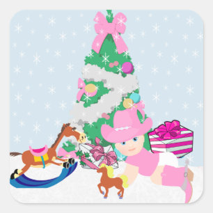 Pegatina Cuadrada Escena de árbol navideño de bebé occidental