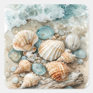 Pegatina Cuadrada Escena de conchas de mar costeras en acuarela y ma