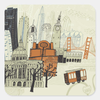 Pegatina Cuadrada Escena de Doodle San Francisco