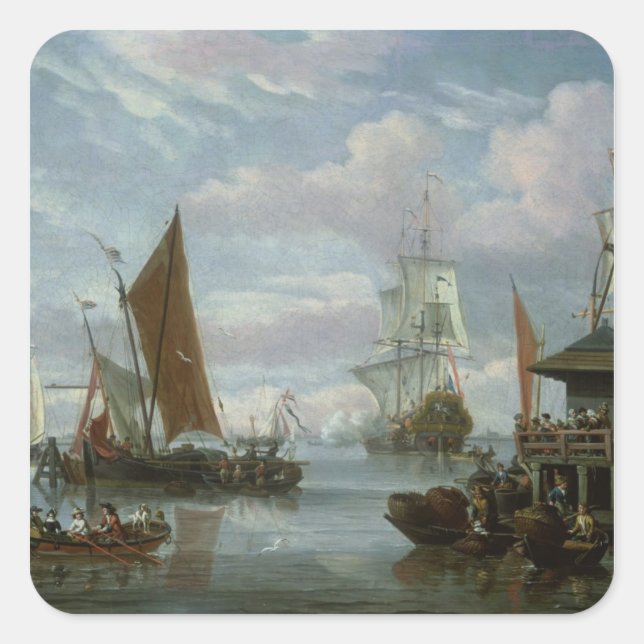 Pegatina Cuadrada Escena de estuario con barcos y pescadores (Anverso)