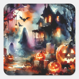 Pegatina Cuadrada Escena de Halloween con acuarela Casa Fantasmas Ca