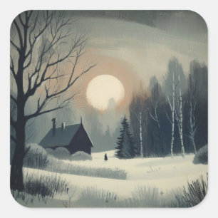 Pegatina Cuadrada Escena de invierno con nieve en estilo vintage o r