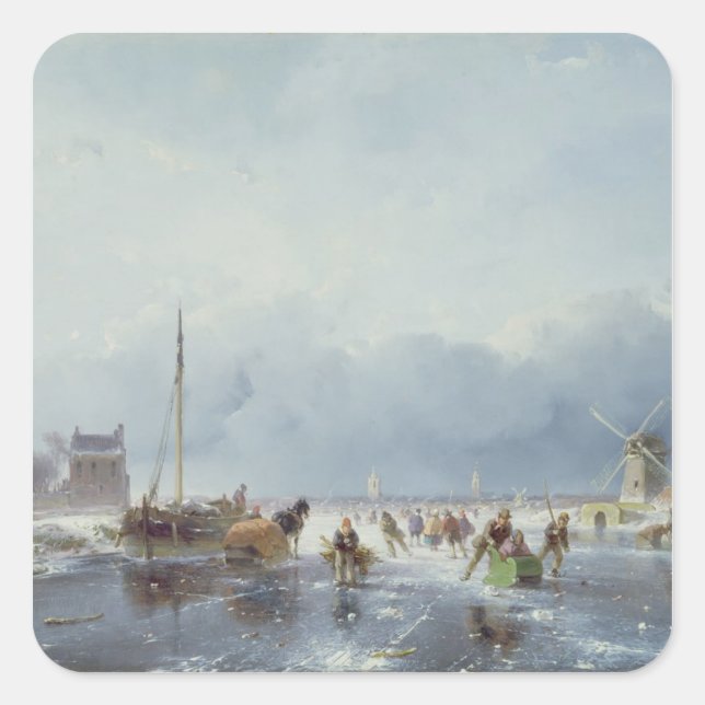 Pegatina Cuadrada Escena de invierno congelada (Anverso)