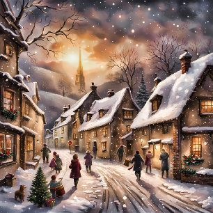 Pegatina Cuadrada Escena de la aldea de Navidades encantadores