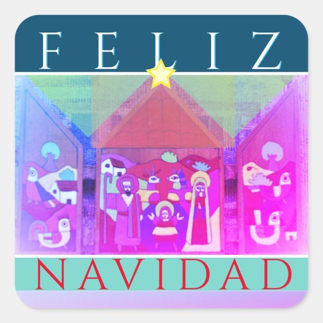 Pegatina Cuadrada Escena de la natalidad "Feliz Navidad" (Anverso)