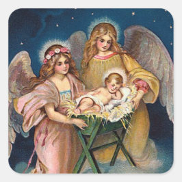 Pegatina Cuadrada Escena de la Natividad de los "Ángeles Navidades"